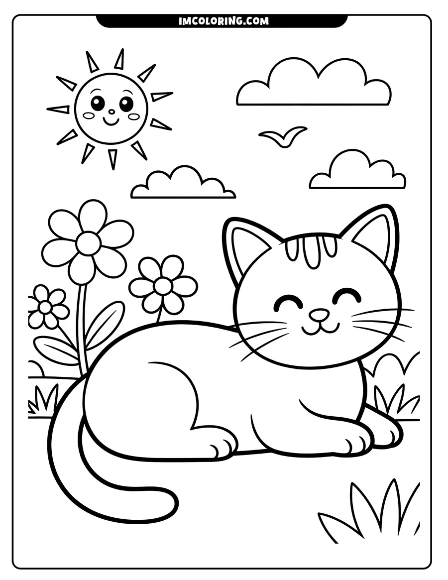 Line art of a cat sitting contentedly in a garden with flowers, grass, and a smiling sun overhead.
