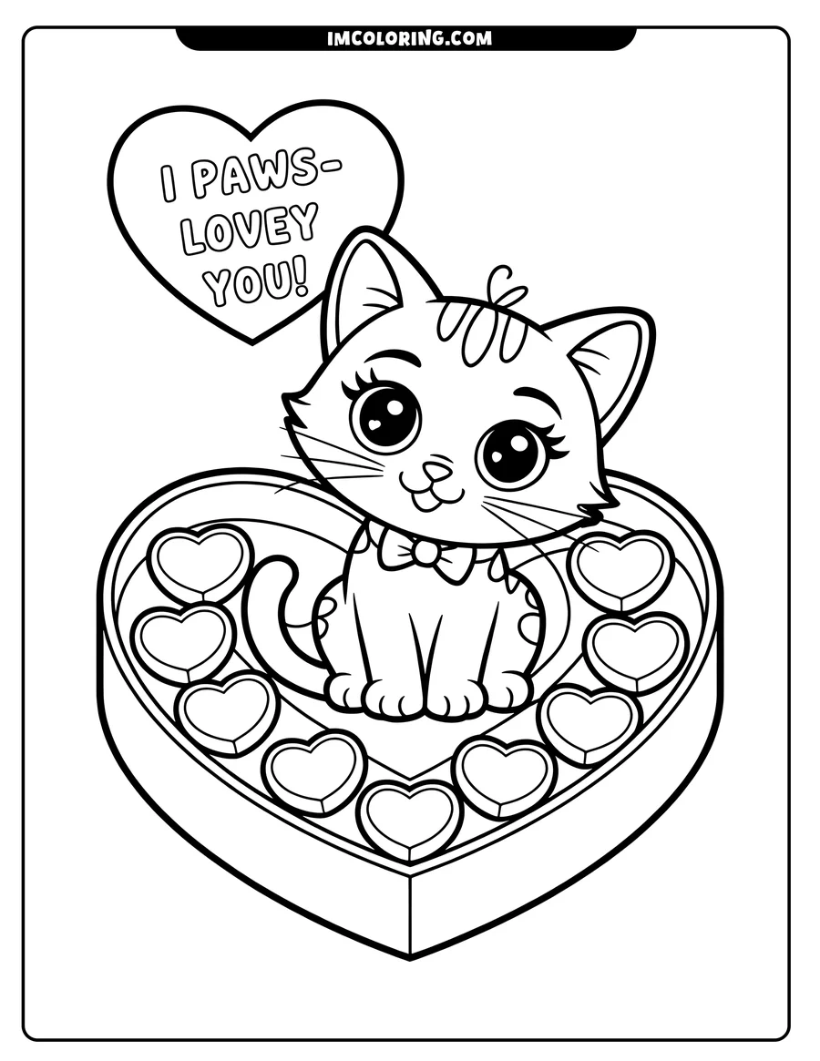 Outline of a cute cat sitting in a heart-shaped box filled with heart candies, with a speech bubble saying 'I Paws-Lovey You!'