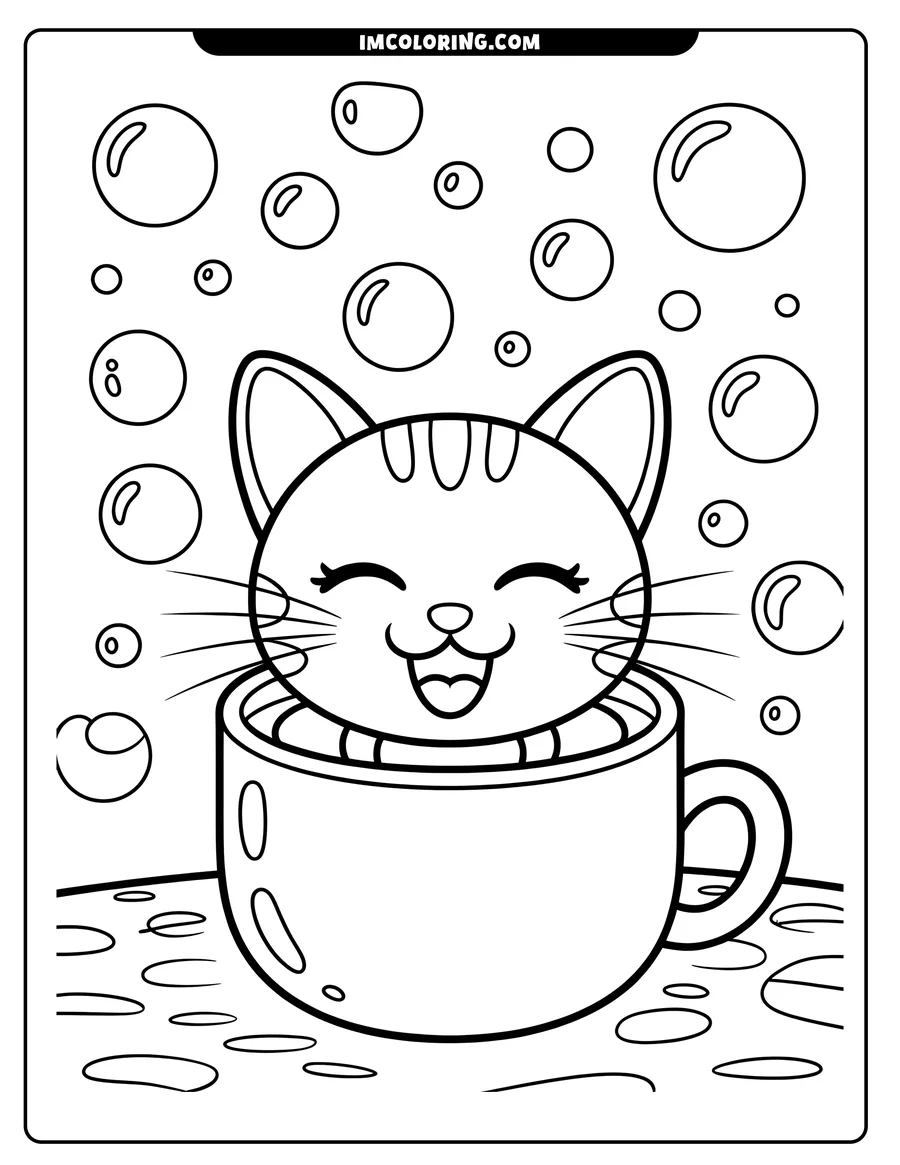 Outline of a happy cat sitting in a mug with bubbles floating above