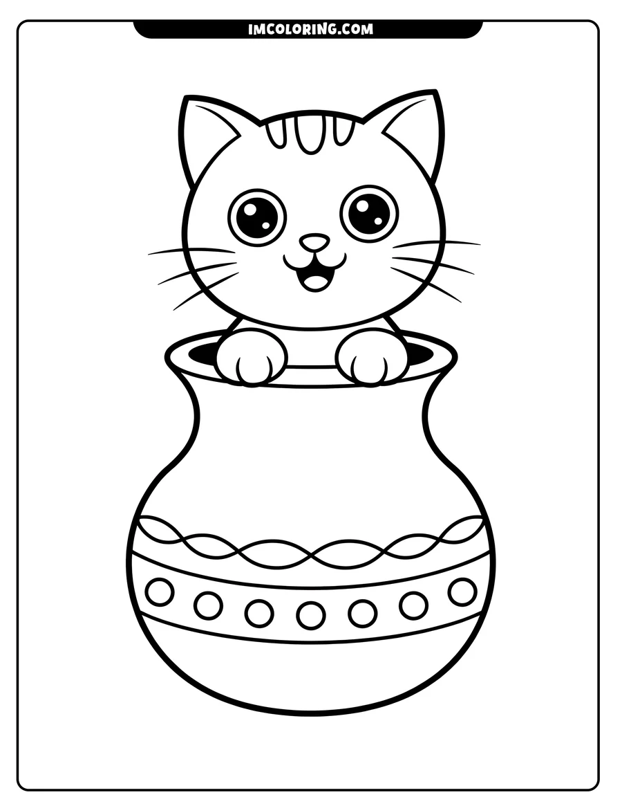 Outline of a cheerful cat sitting inside a decorated pot. The cat has stripes on its head and large, friendly eyes.