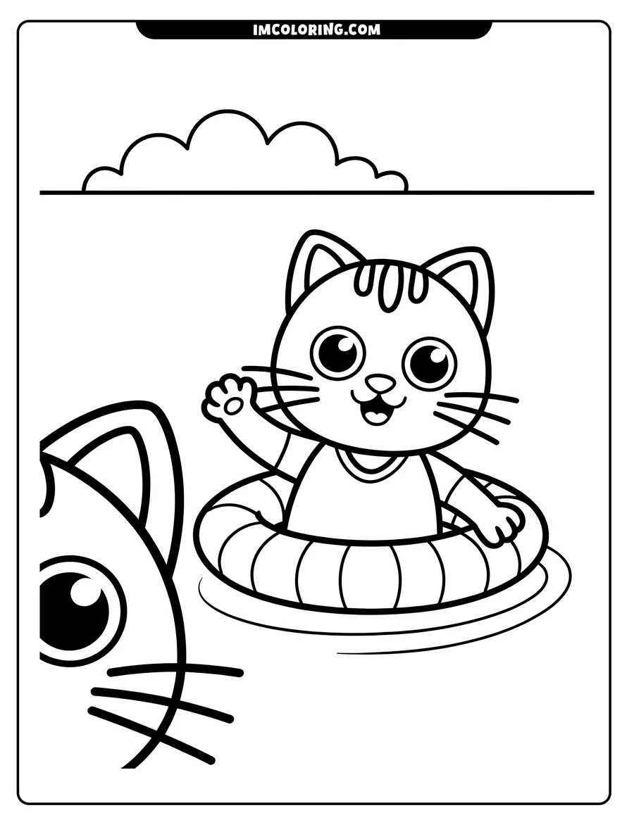 Outline of a cat waving from an inner tube in the water, another cat looks on.