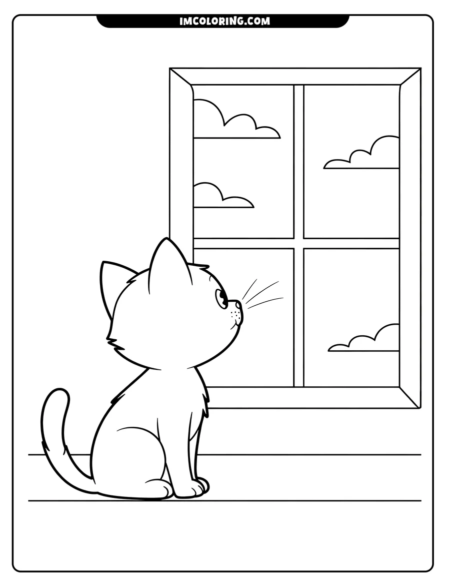 Outline of a cat gazing out a window at fluffy clouds.