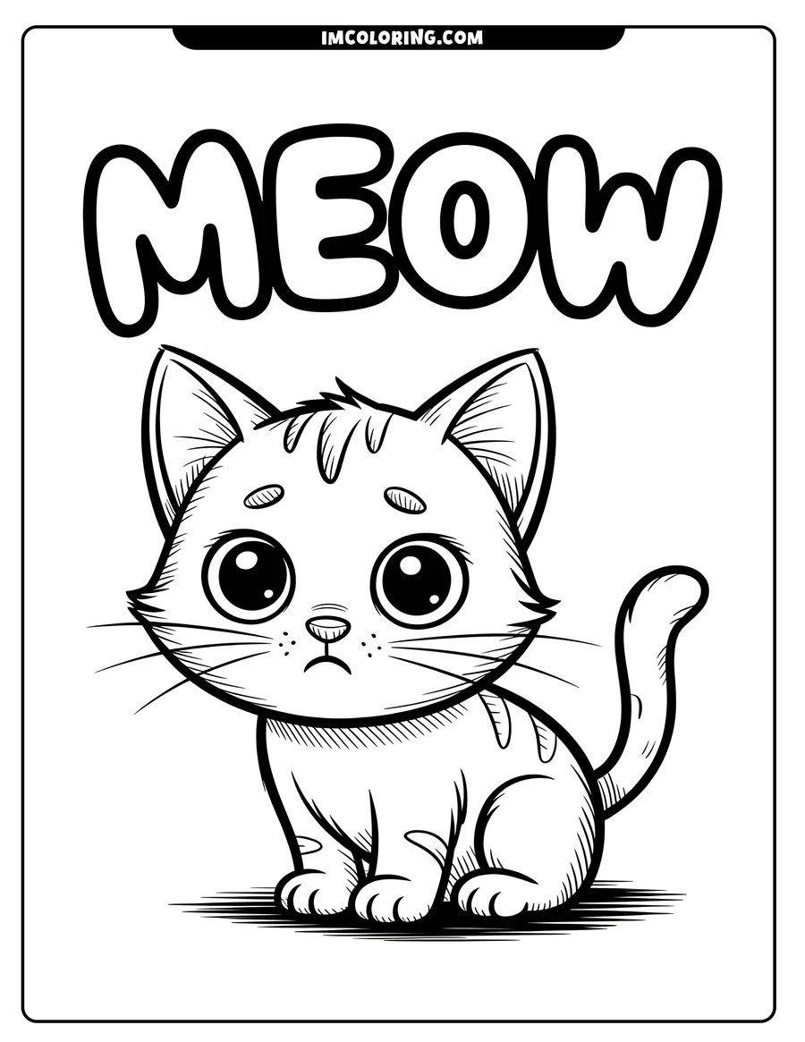 Line art of a cartoon cat meowing, with large expressive eyes and the word