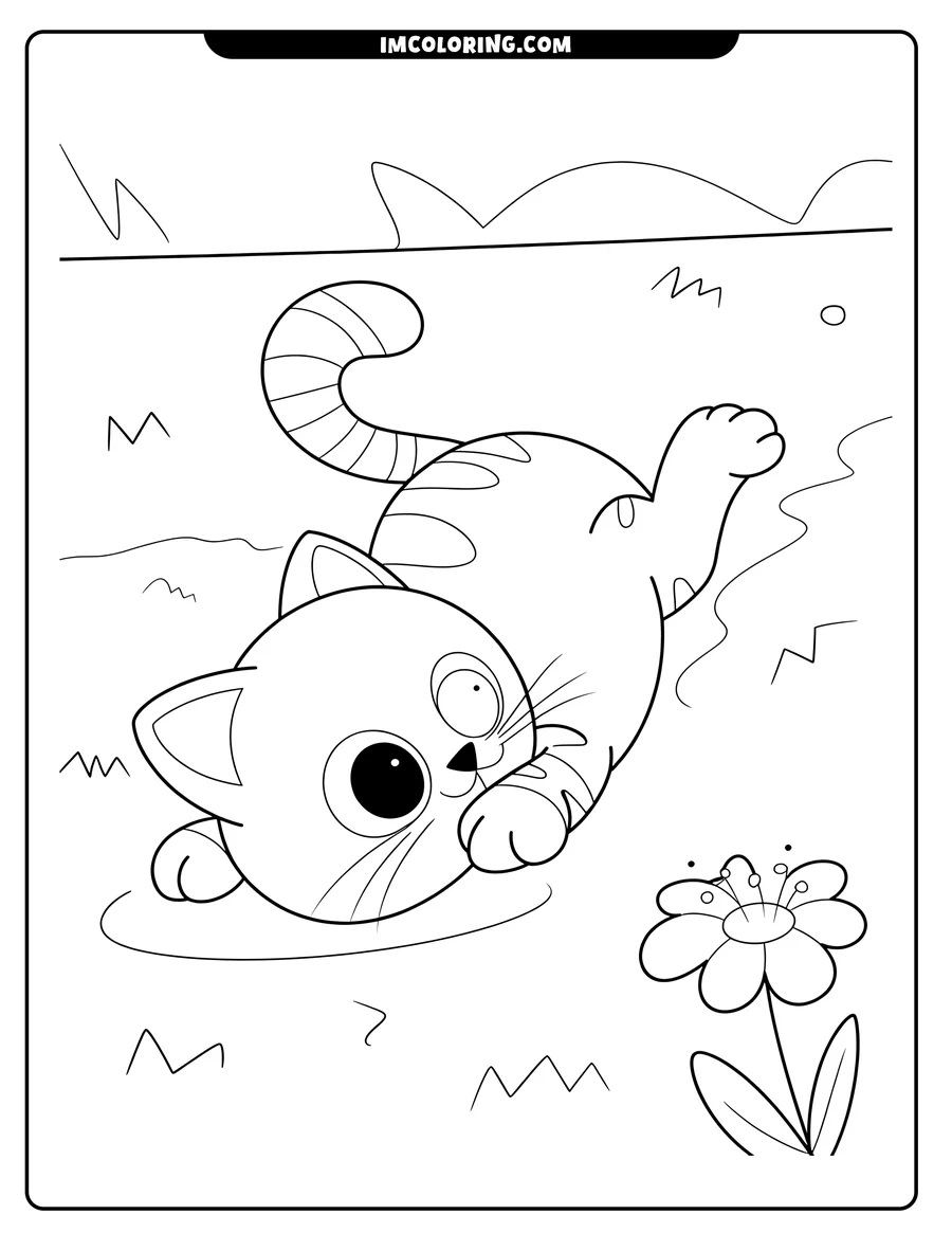 Outline of a playful cat rolling on the ground near a flower
