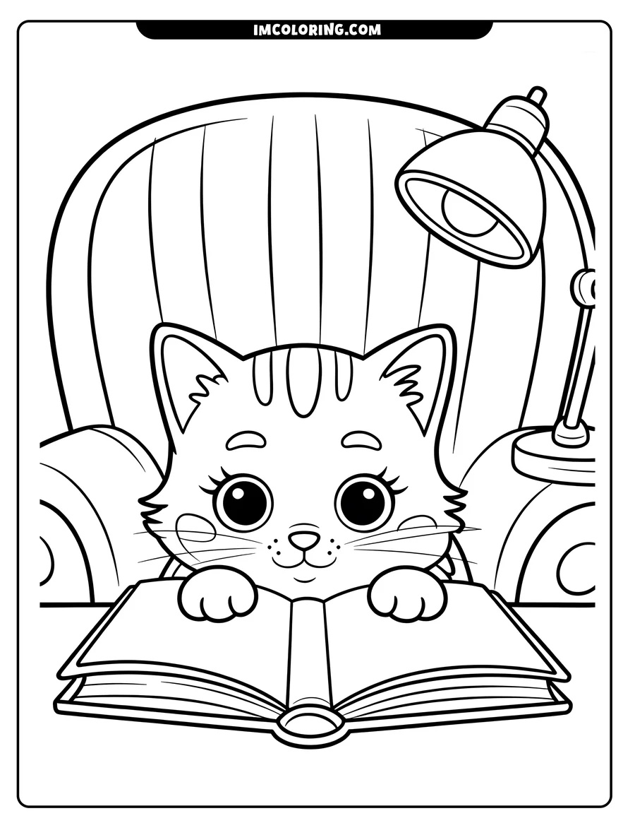 Line art of a cute cat reading an open book in an armchair under a desk lamp.