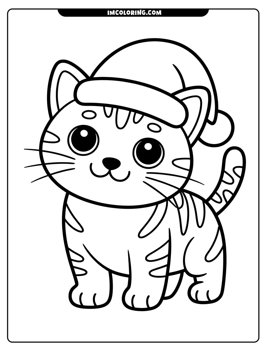Outline of a cartoon cat wearing a Santa hat.