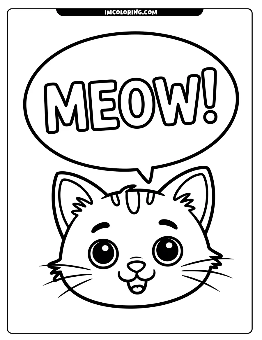 Close-up of a cat's face with a speech bubble saying 'Meow'. The cat has large eyes and a happy expression.