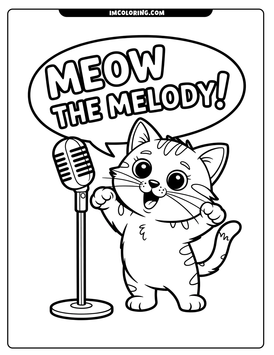 Outline of a cartoon cat singing into a microphone with a speech bubble saying