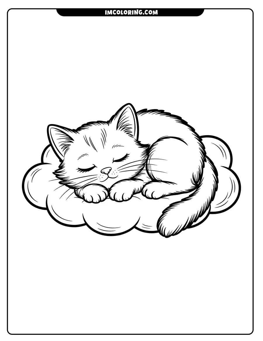 Outline of a cat sleeping peacefully on a cloud.