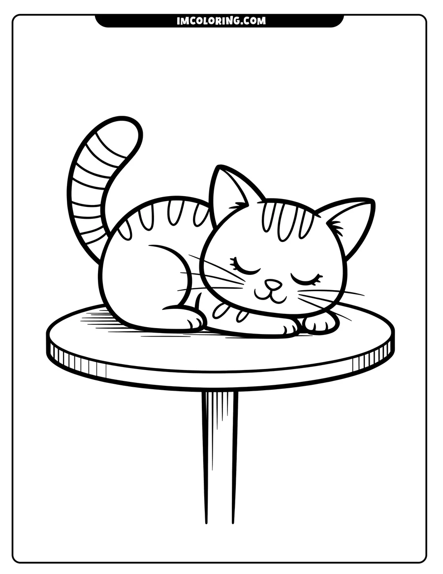 Outline of a cartoon cat sleeping peacefully on a small round table.
