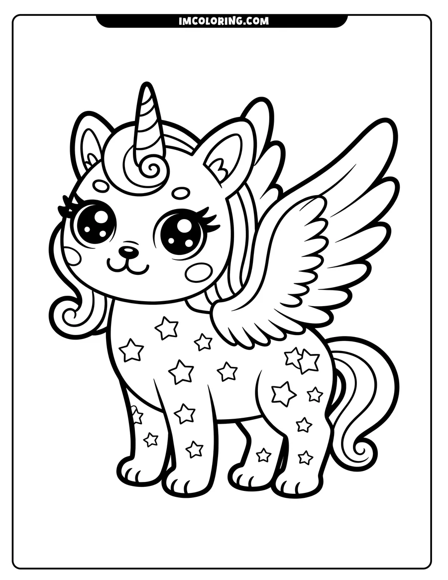 Line art of a unicorn with cat-like features, large wings, a spiraled horn, stars on its body, and curly mane and tail.