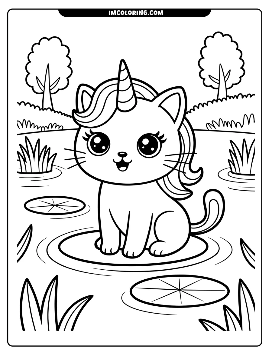 Outline of a cat unicorn sitting on a lily pad in a pond, surrounded by reeds and with trees in the background.