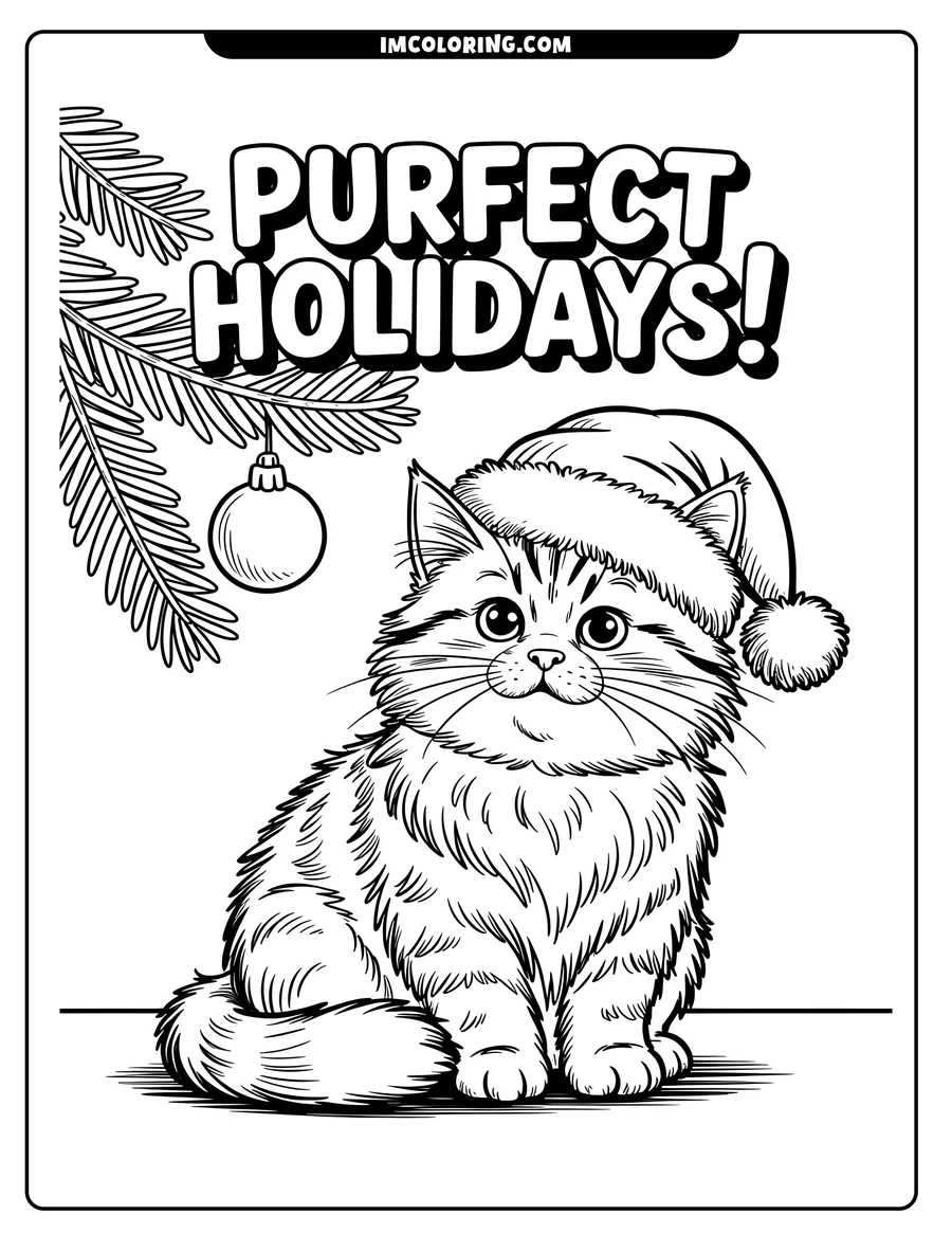 Outline of a fluffy cat wearing a Santa hat, sitting beneath a Christmas tree branch with an ornament.