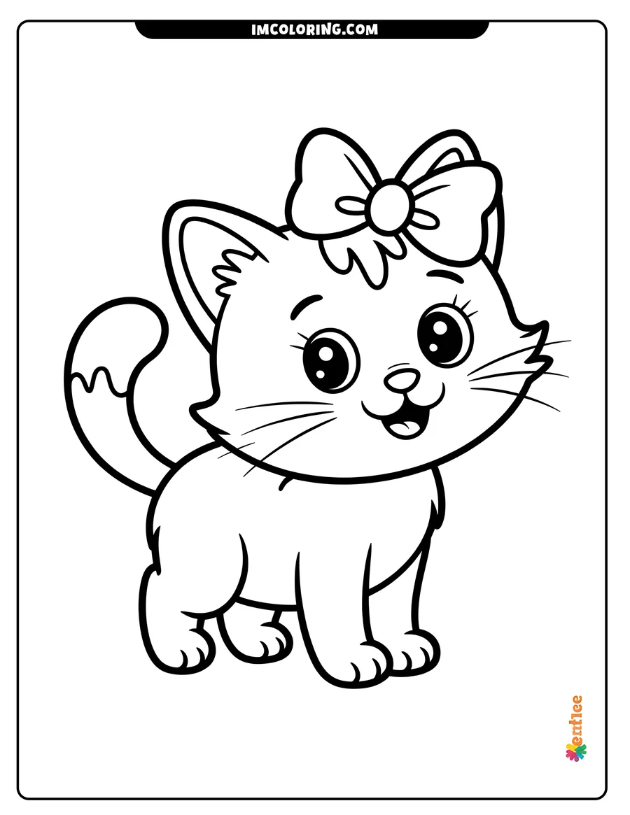 Line art of a cat wearing a bow on its head