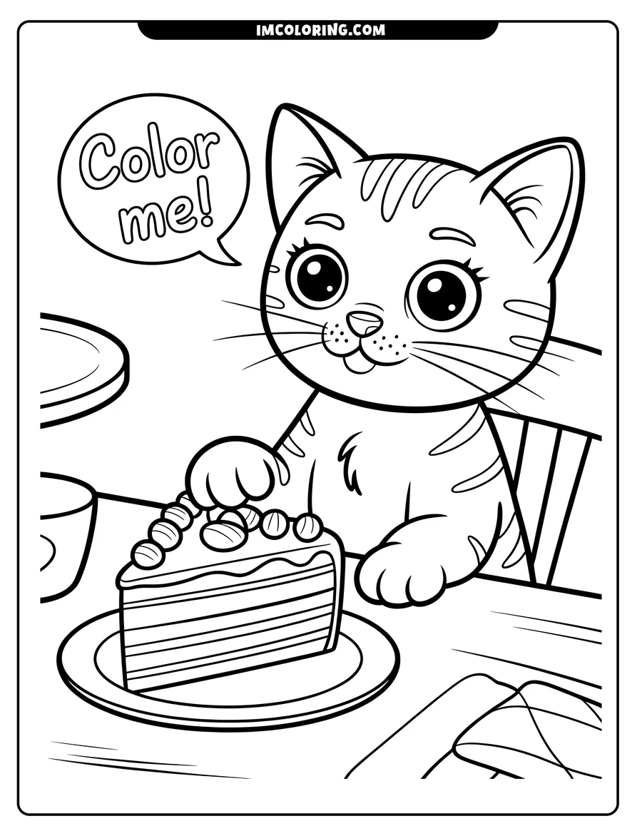 Outline of a cartoon cat with a slice of cake. The cat is sitting at a table with a cup and saucer, and seems to be enjoying its treat.
