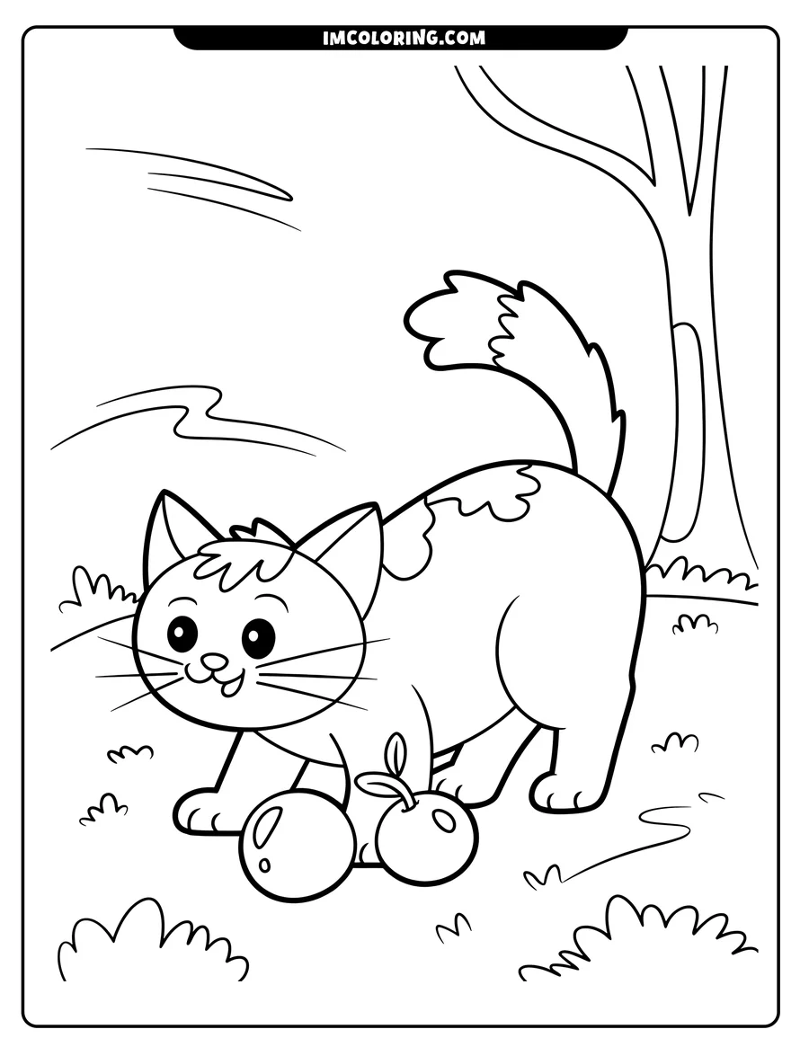 Line art of a playful cat walking near two cherries in a grassy area with a tree in the distance.