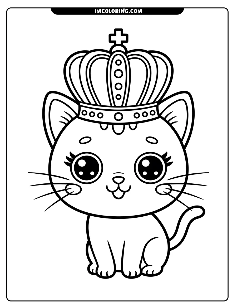 Outline of a cartoon cat wearing a crown. The cat has large eyes and a smiling expression.