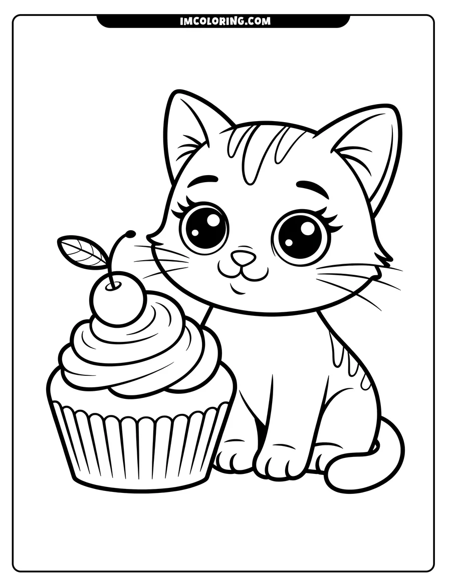 Outline of a cute cartoon cat sitting beside a cupcake with a cherry on top
