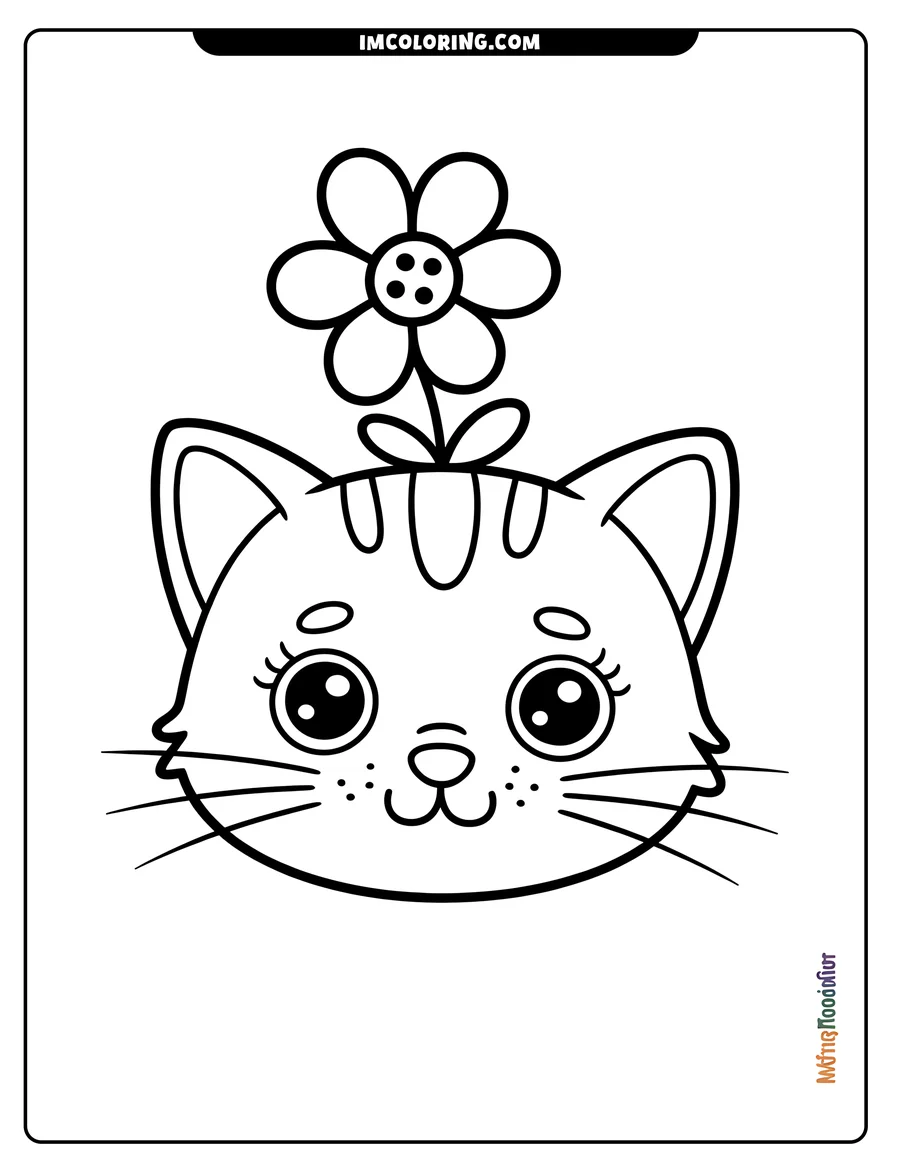 Outline of a cat's face with a simple flower positioned on its head. The cat has large, friendly eyes and a gentle expression.