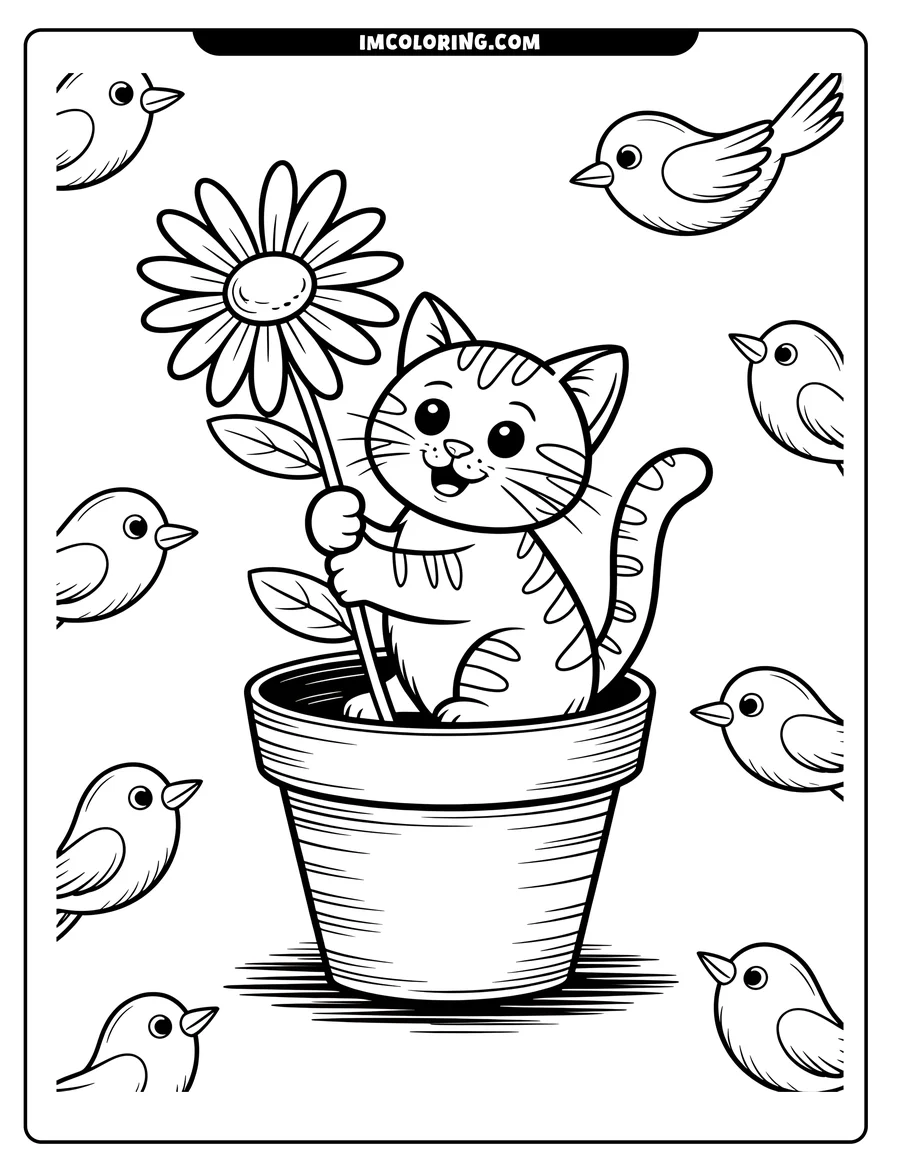 Outline of a happy, striped cat sitting in a flower pot and holding a large daisy. Small birds are positioned around the pot.