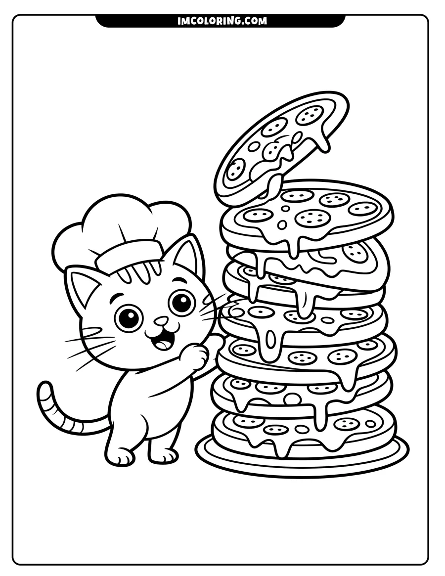 Outline of a cheerful cat wearing a chef's hat beside a stack of pizzas, ready to be colored.