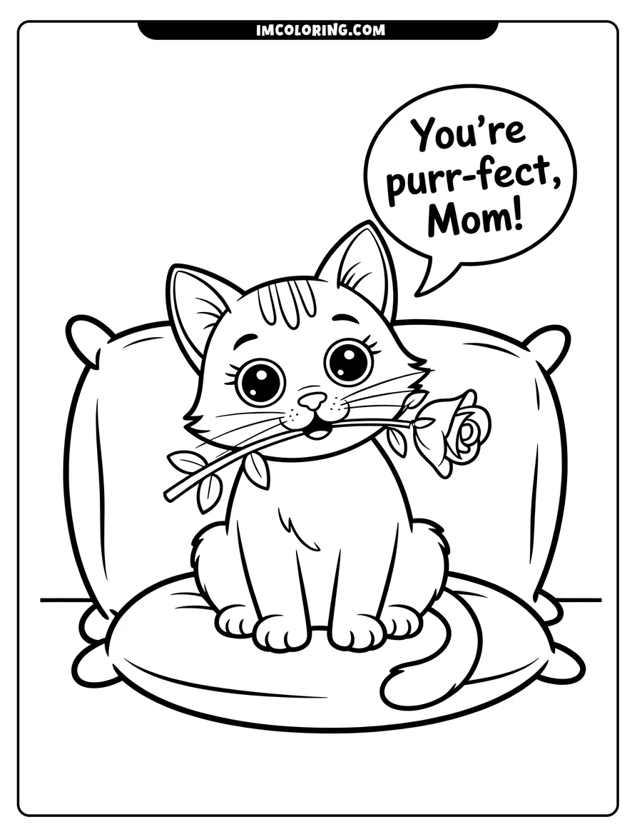 Outline of a cute cat sitting on a pillow, holding a rose in its mouth, with a speech bubble saying