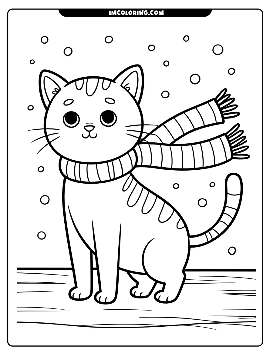 Line art of a cat wearing a striped winter scarf, standing in falling snow on a wooden surface.