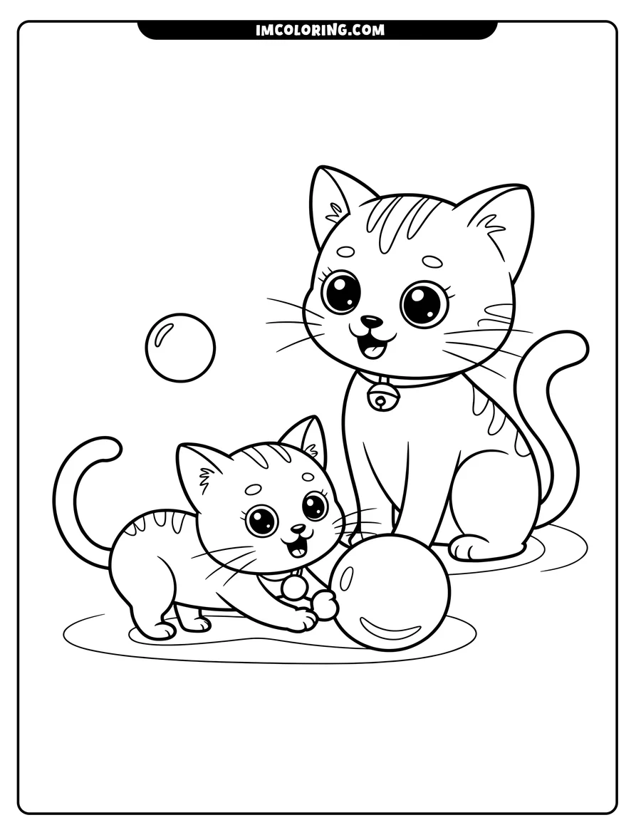 Line art of two cats playing with bubbles. A larger cat watches as a kitten bats at a bubble. They both have striped markings and wear collars with bells.