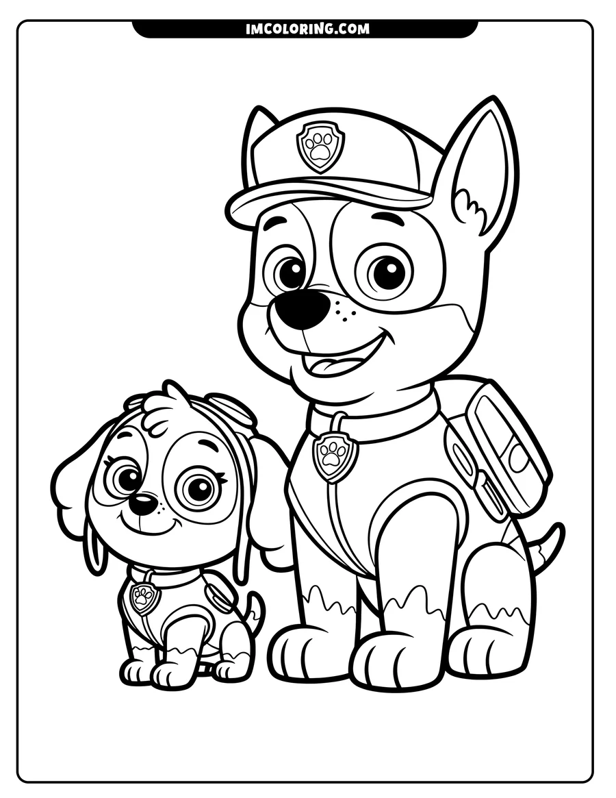 Line art of Paw Patrol's Chase and Skye. Chase wears his police cap and pup pack, while Skye wears her aviator helmet. Both pups are smiling and ready for coloring.