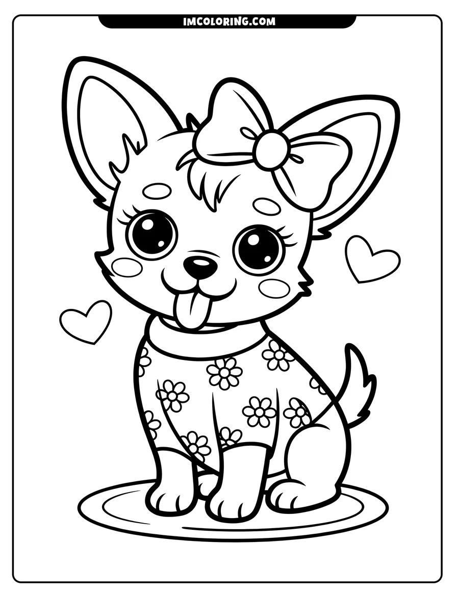 Line art of a chihuahua wearing a shirt with a floral pattern and a bow on its head