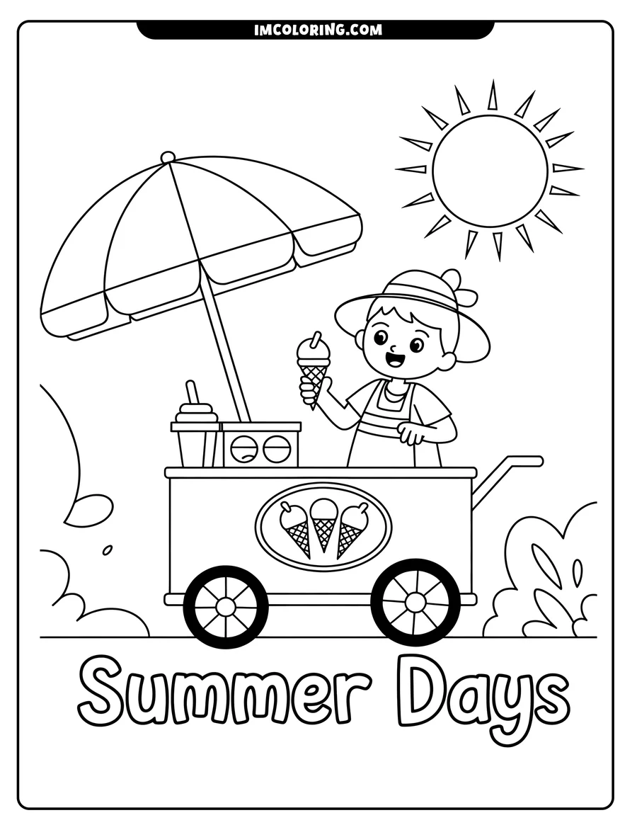 Outline of a smiling child wearing a sunhat serving ice cream from a cart under a beach umbrella, with a bright sun and some bushes in the background.