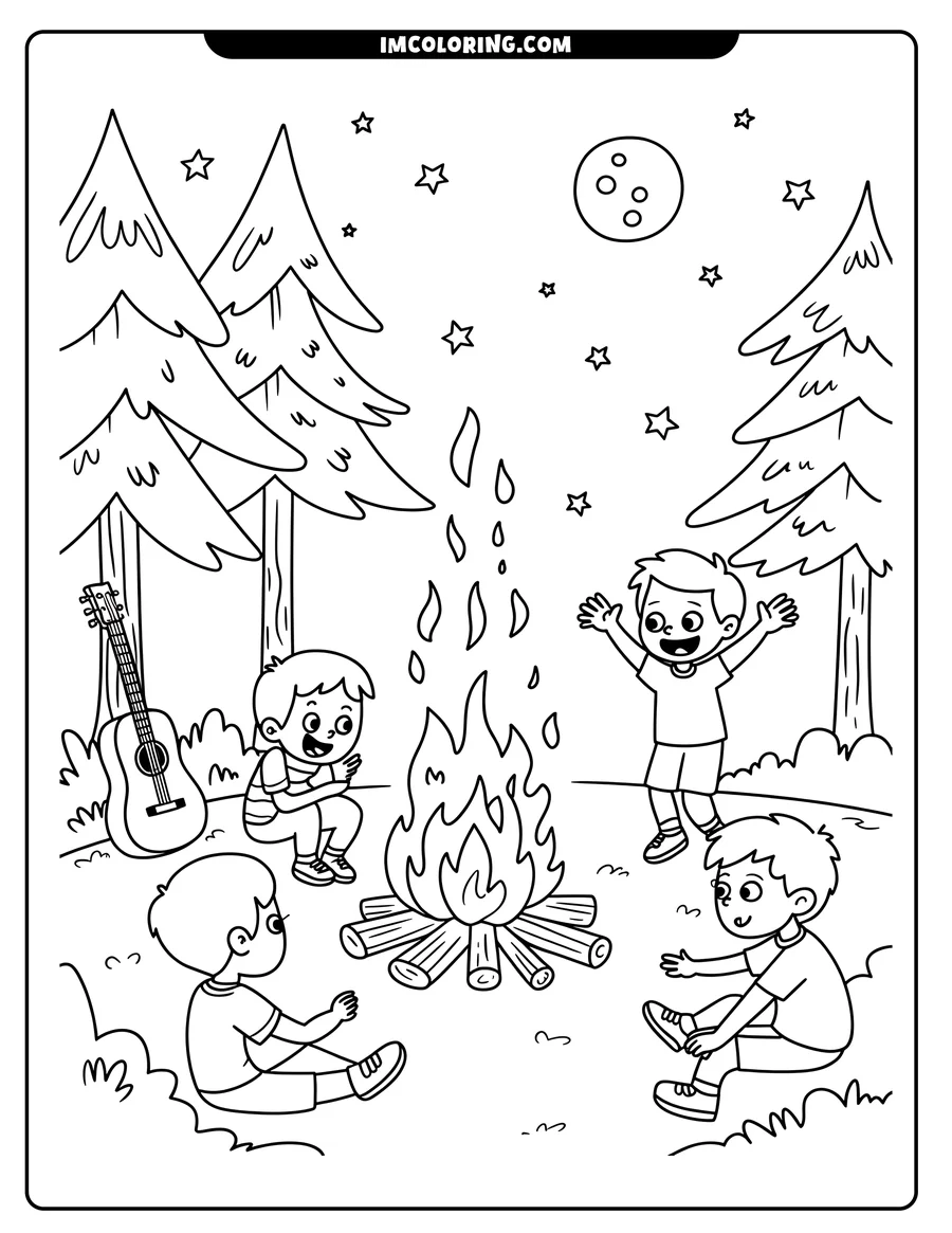 Outline of four children sitting around a campfire at night. A guitar leans against a nearby tree under the moon and stars.