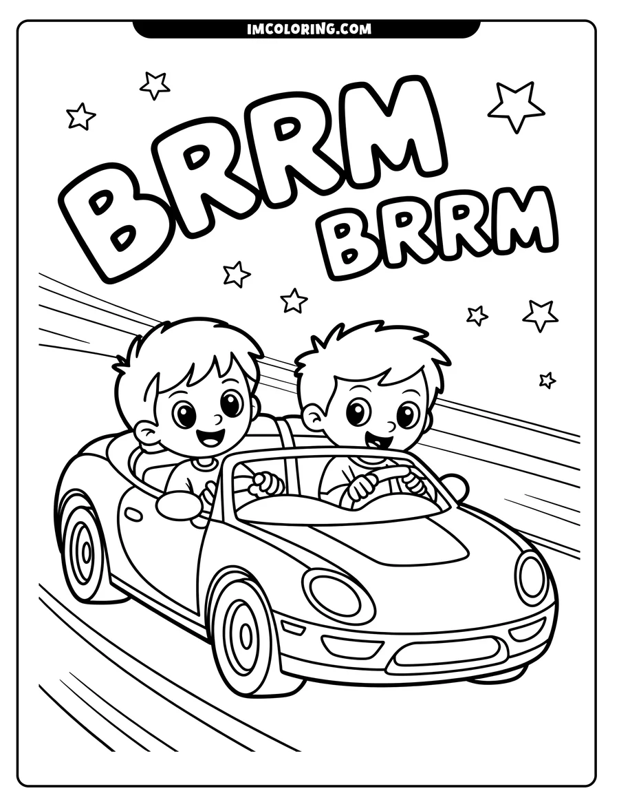Outline of two happy children riding in a convertible car. The words 'BRRM BRRM' appear above them, with motion lines and stars.