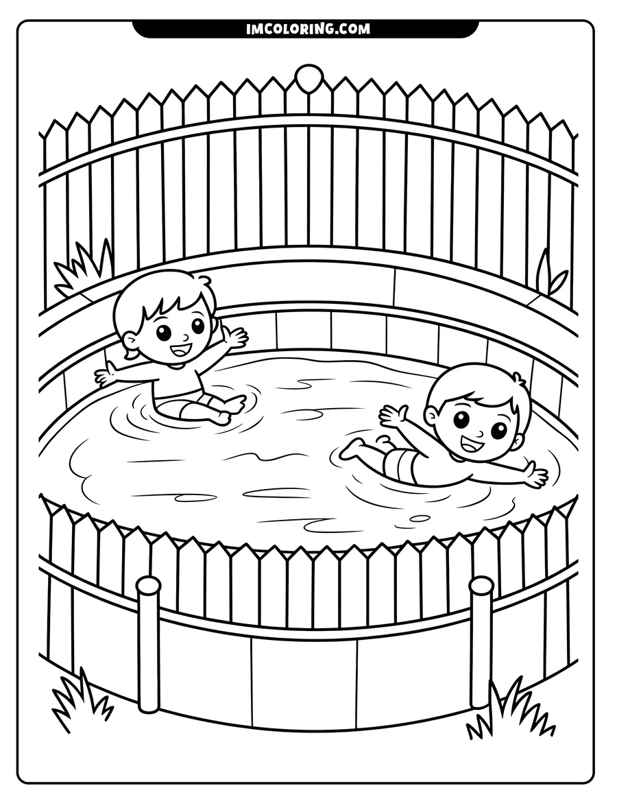 Two children happily swimming in a fenced pool.