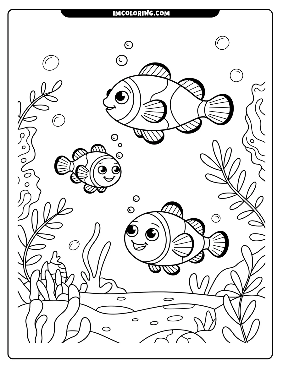 Outline of three clownfish swimming in a coral reef, surrounded by seaweed and bubbles.