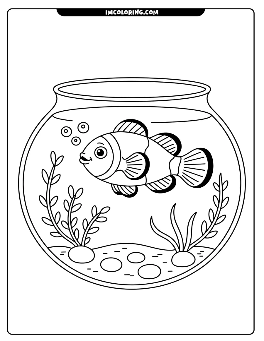 Outline of a clownfish swimming in a fishbowl, with aquatic plants and bubbles.