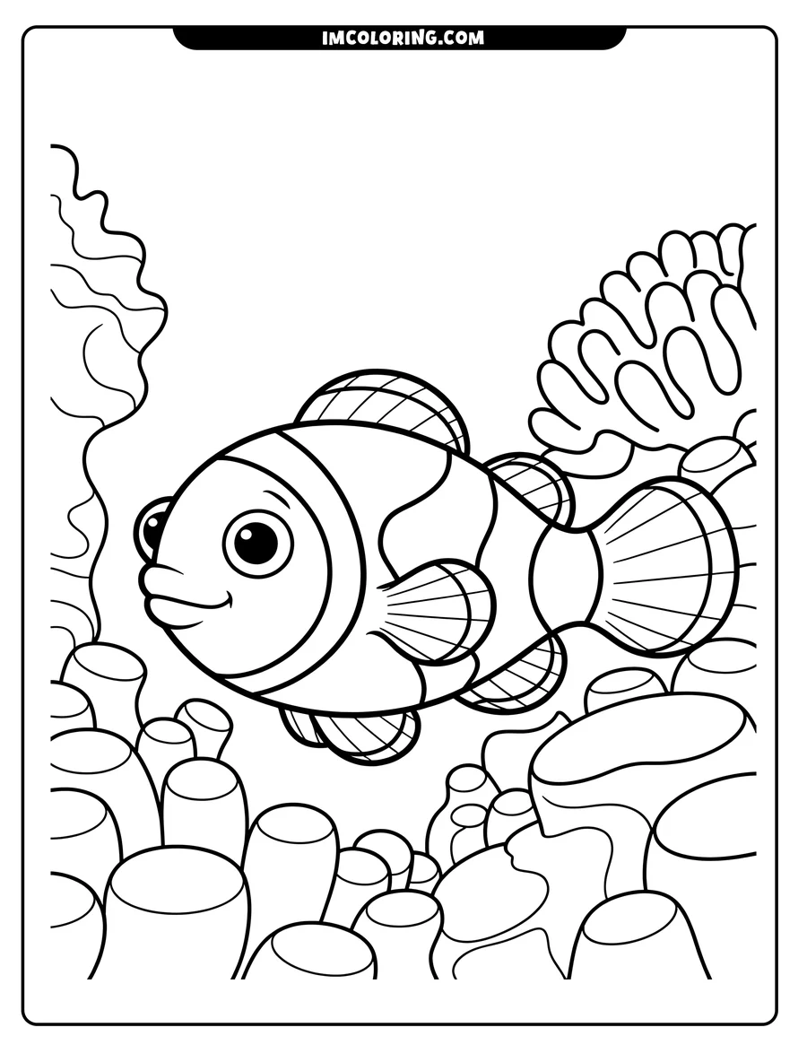Outline of a cartoon clownfish swimming amidst various coral formations. The clownfish has distinctive stripes and large, friendly eyes.