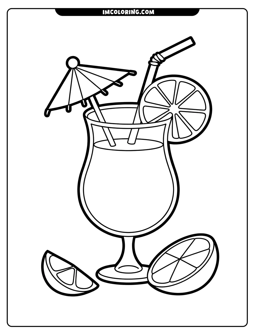 Line art of a cocktail glass with an orange slice and umbrella, accompanied by orange slices beside the glass