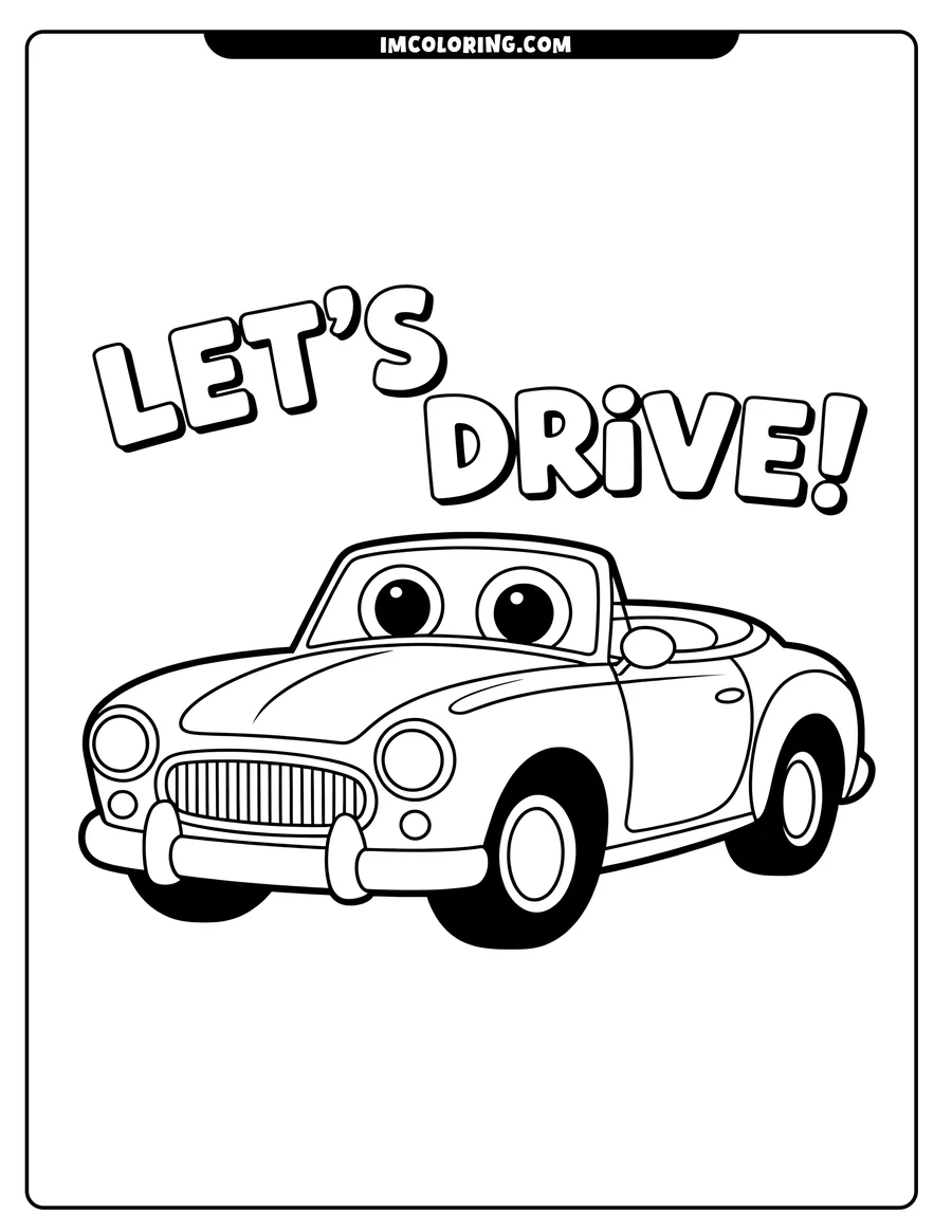 Outline of a classic convertible car with large, expressive eyes, ready to be colored.