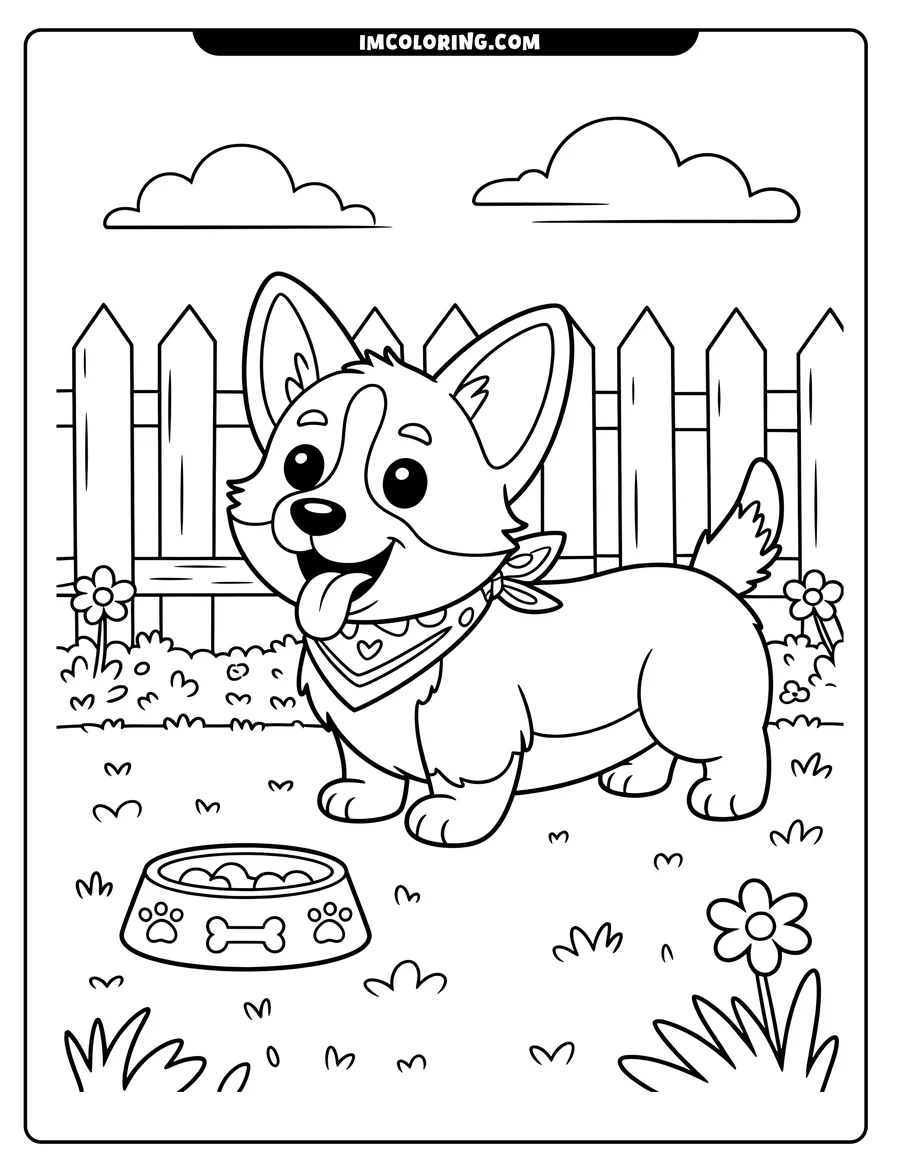 Outline of a corgi with a bandana standing by its food bowl in a yard with a fence, flowers, and grass