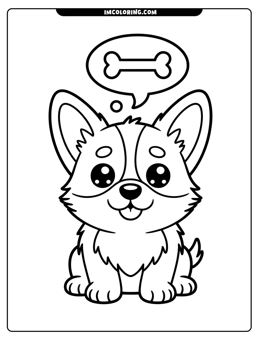 Line drawing of a corgi puppy sitting with a thought bubble containing a bone.