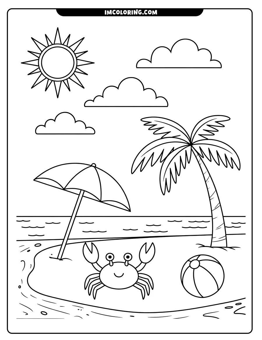 Outline of a smiling crab on a sandy beach, with a beach umbrella, palm tree, and beach ball nearby.