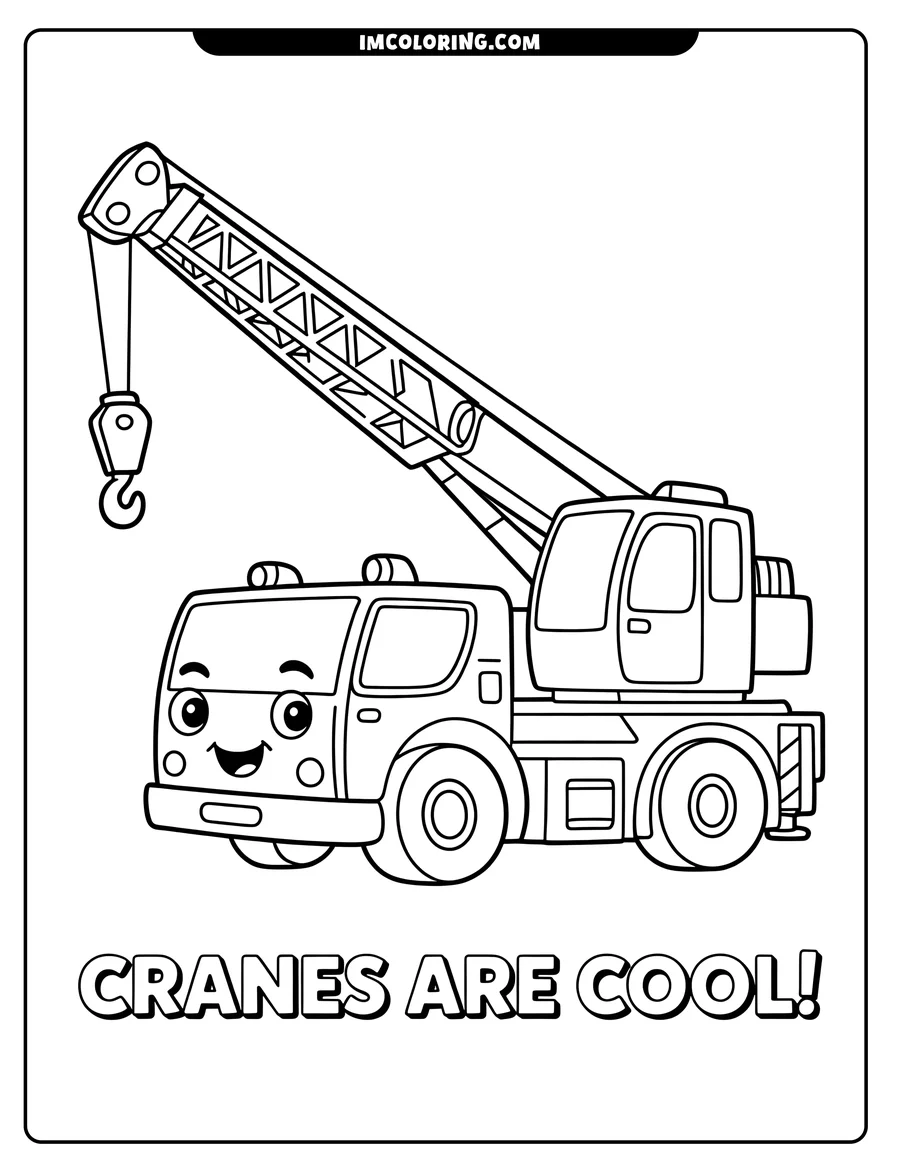 Outline of a cheerful crane truck with its arm extended and a hook hanging down.