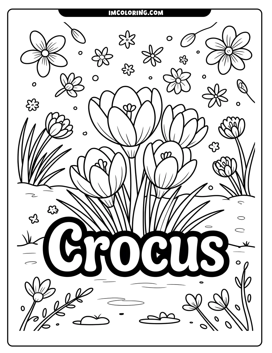 Outline of a patch of crocus flowers surrounded by smaller blooms and grass