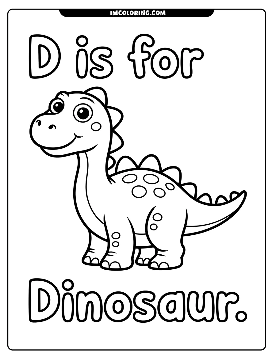 Line drawing of a dinosaur next to the letter D.