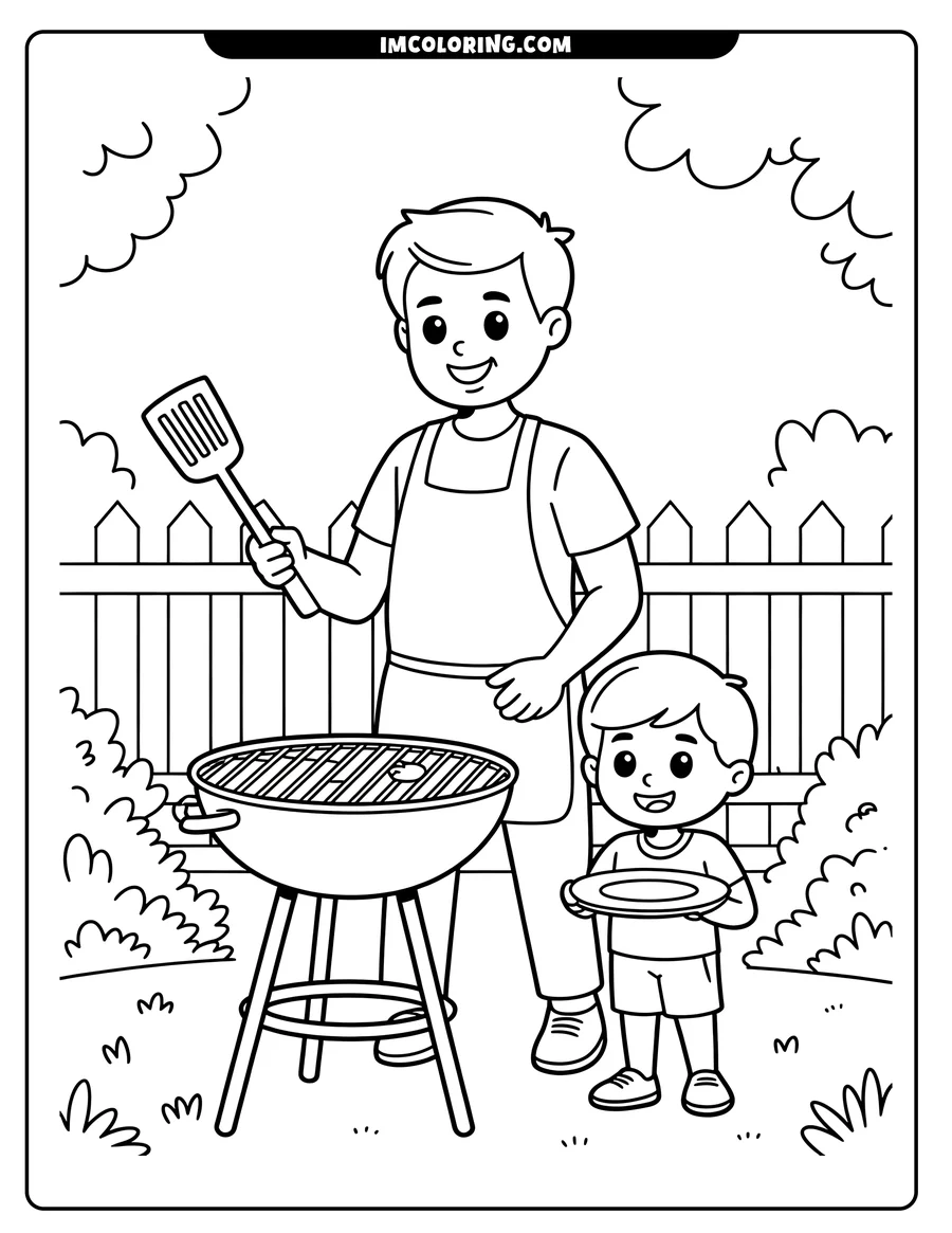 Outline of a father and son barbecuing burgers in their backyard. The dad wears an apron and holds a spatula while his son holds an empty plate, both smiling happily. A grill sits between them with a fence in the background.