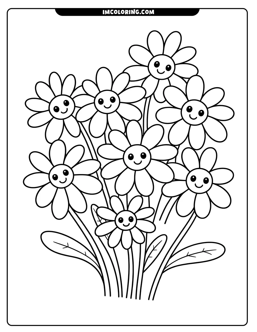 Outline of a cheerful bouquet of smiling daisies with simple rounded petals and a few leaves.