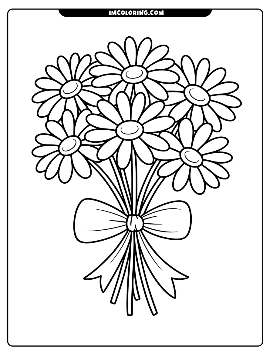 Line art of a bouquet of daisies tied with a bow.