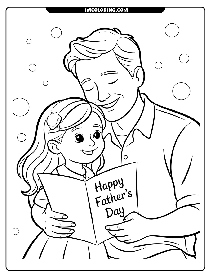 Line art depicting a girl and her father holding a Father's Day card. They are both smiling, and bubbles float in the background.