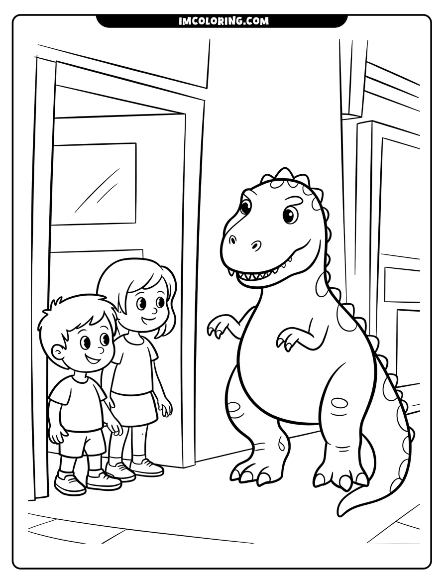 Outline of a friendly dinosaur greeting two children outside a building. The dinosaur and children have happy expressions.